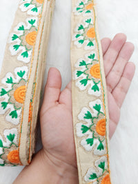 Thumbnail for Beige Art Silk Lace Trim in Floral Embroidery, Decorative Trim, Trim By 3 Yards