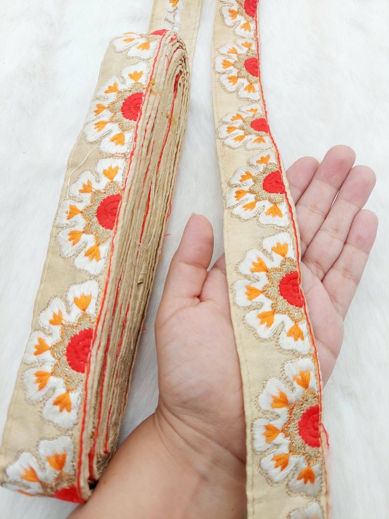 Beige Art Silk Lace Trim in Floral Embroidery, Decorative Trim, Trim By 3 Yards