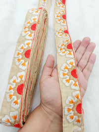 Thumbnail for Beige Art Silk Lace Trim in Floral Embroidery, Decorative Trim, Trim By 3 Yards