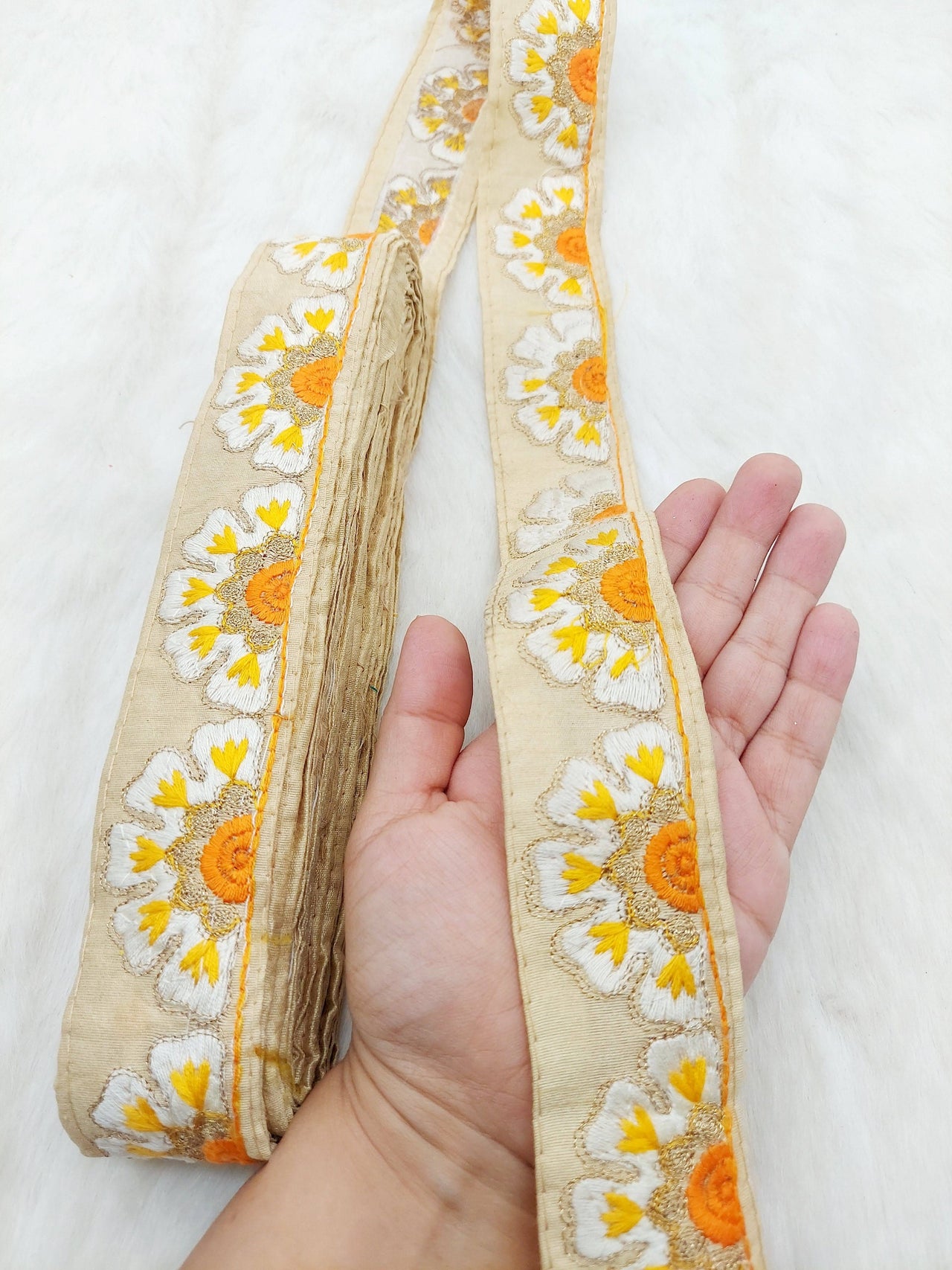 Beige Art Silk Lace Trim in Floral Embroidery, Decorative Trim, Trim By 3 Yards