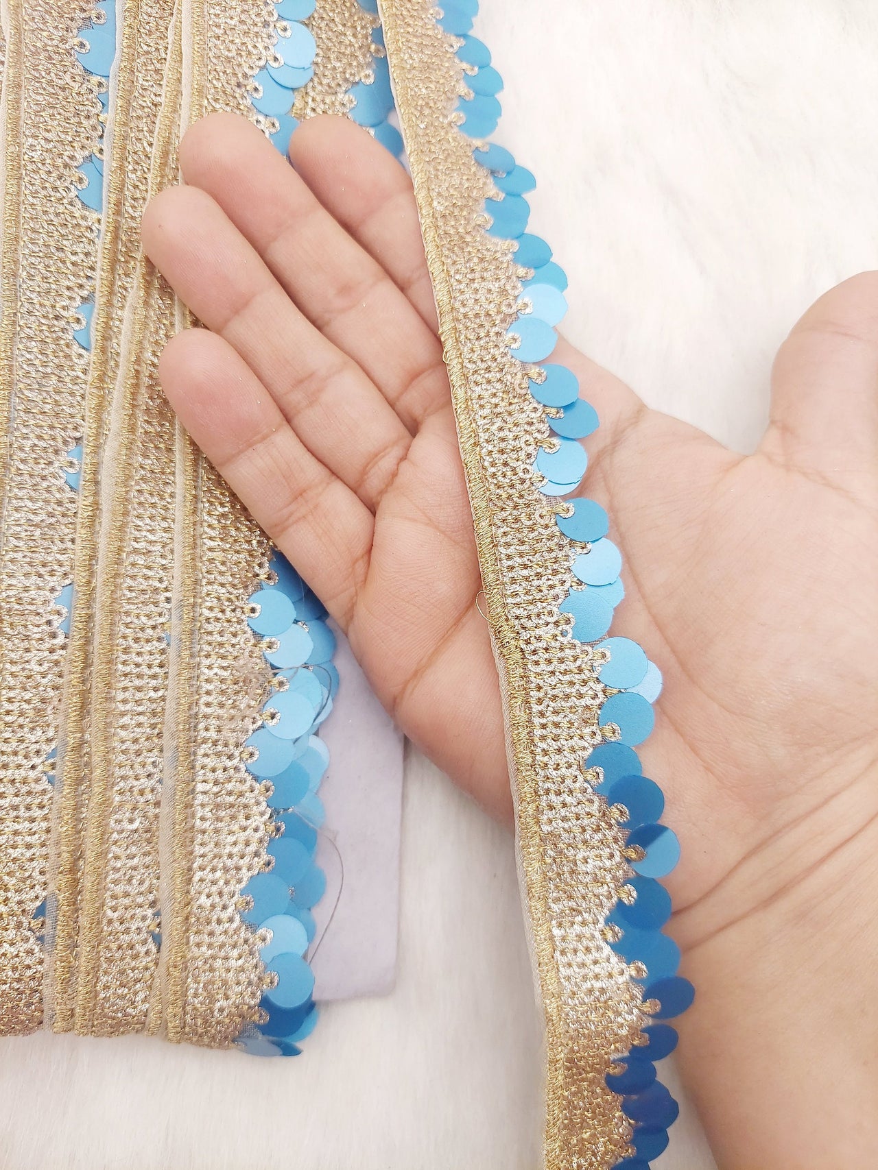 Blue and Gold Sequin Fringe Trim, Cutwork Edge Trimming, Bohemian Trim