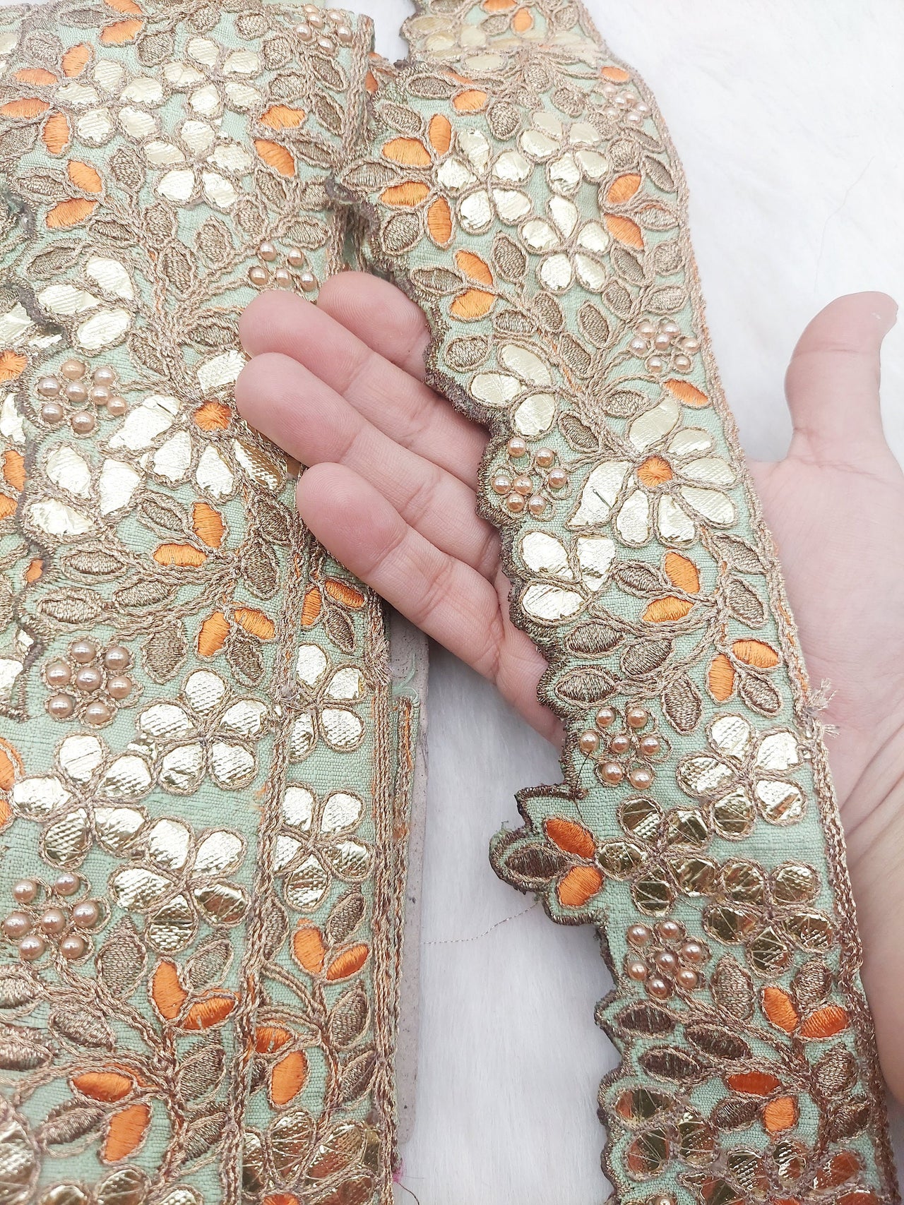 Art Silk Fabric Trim, Floral Embroidery Gold Gota Patti Indian Sari Border Trim By Yard Decorative Trim, Embroidered Indian Foil Work