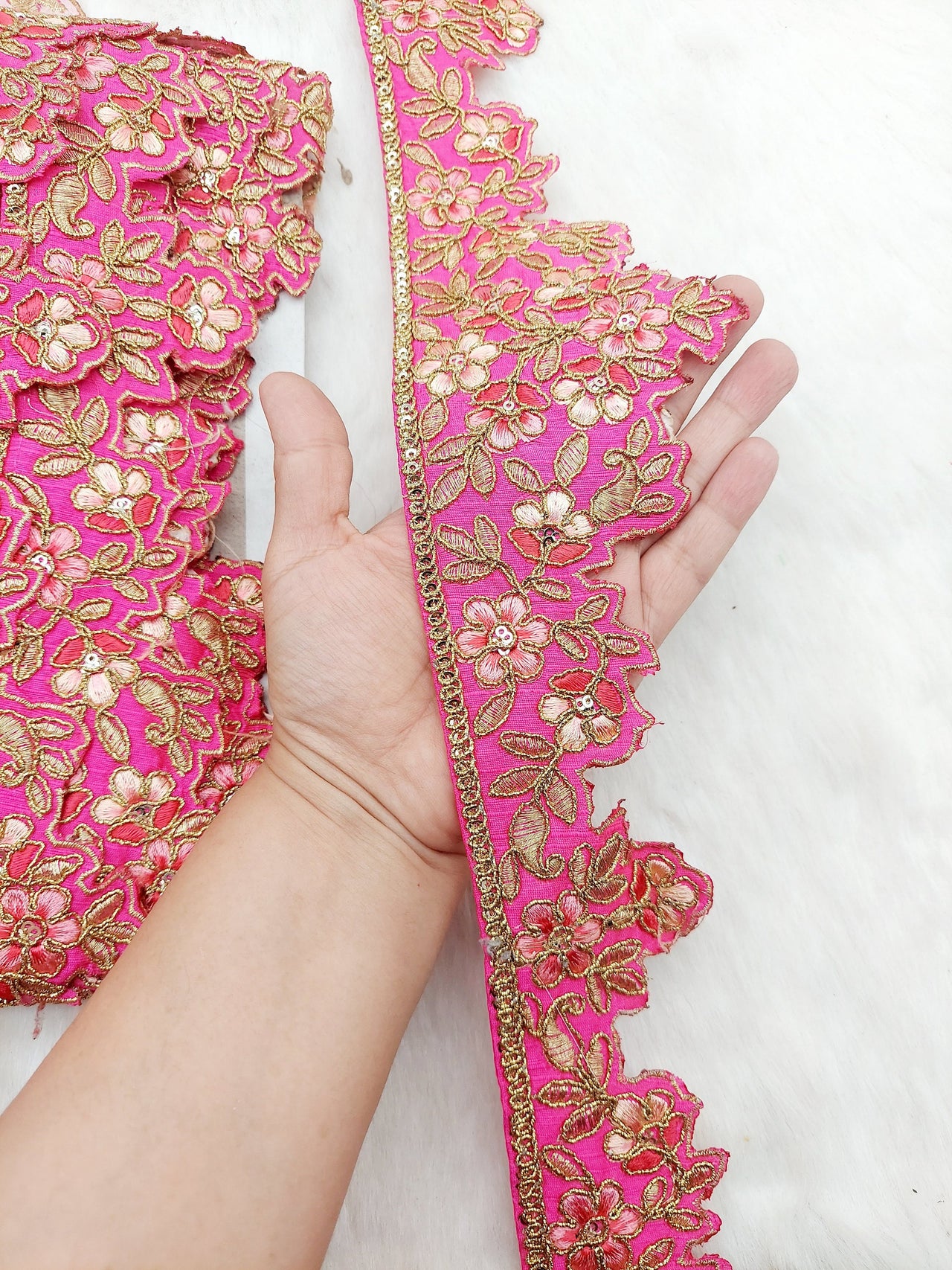 Hand Embroidered Cutwork Lace Trim In Gold Floral Embroidery, Sari Border, Trim by Yard