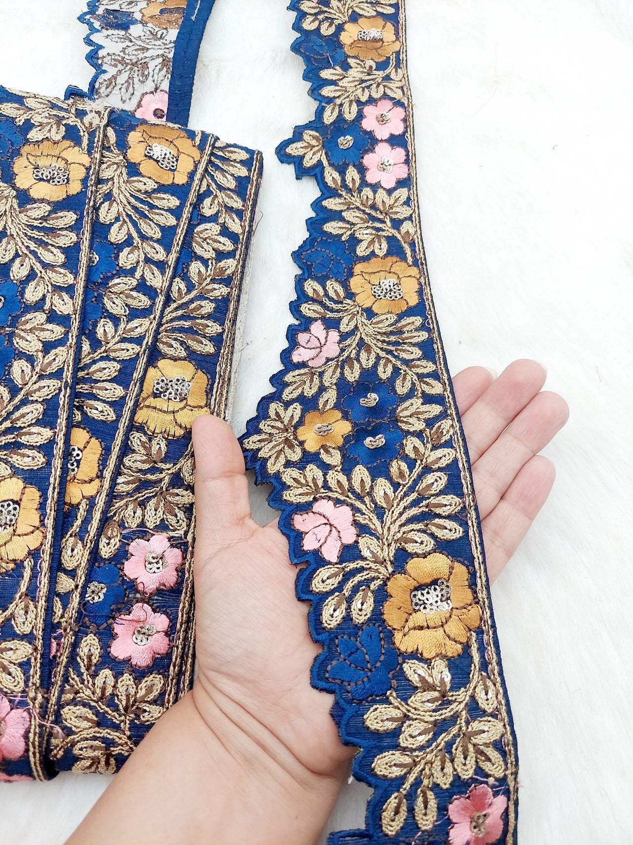 Art Silk Hand Embroidered Cutwork Lace Trim In Gold Floral Embroidery, Sari Border, Trim by Yard
