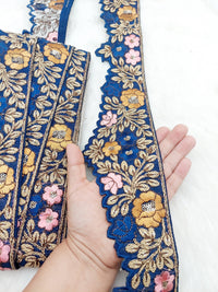Thumbnail for Art Silk Hand Embroidered Cutwork Lace Trim In Gold Floral Embroidery, Sari Border, Trim by Yard