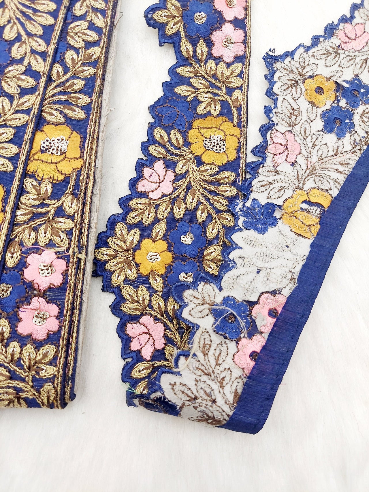 Art Silk Hand Embroidered Cutwork Lace Trim In Gold Floral Embroidery, Sari Border, Trim by Yard