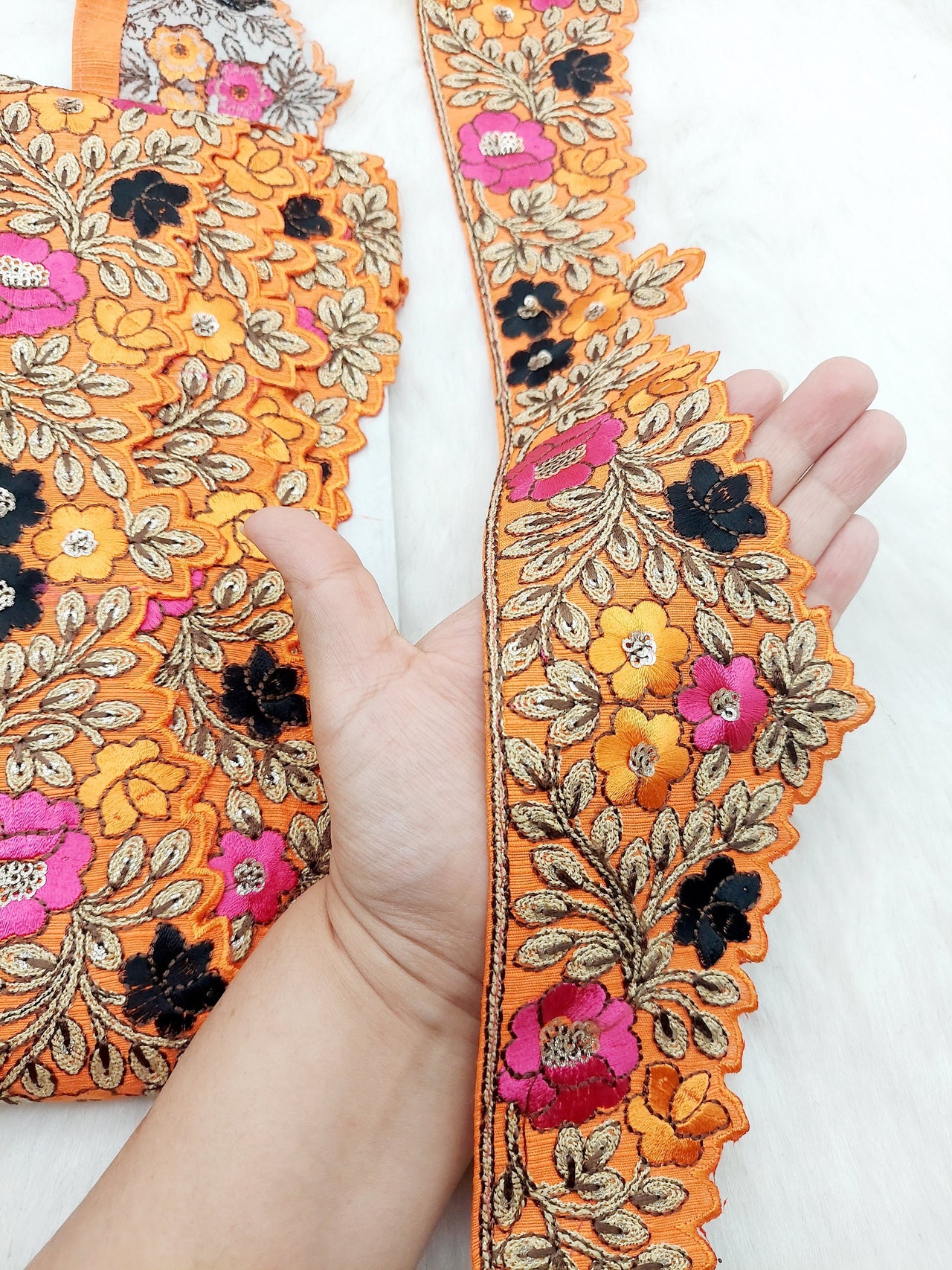 Art Silk Hand Embroidered Cutwork Lace Trim In Gold Floral Embroidery, Sari Border, Trim by Yard