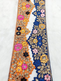 Thumbnail for Art Silk Hand Embroidered Cutwork Lace Trim In Gold Floral Embroidery, Sari Border, Trim by Yard
