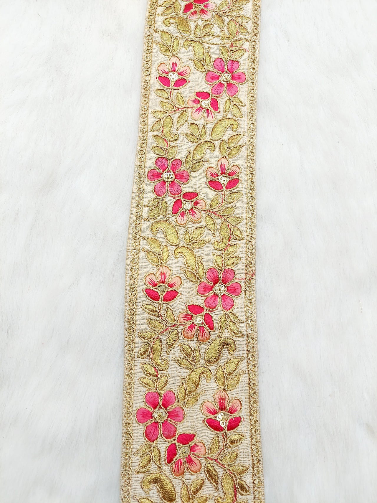 Beige Silk Fabric Trim with Gold and Pink Floral Embroidery, Sari Border Trim, Trim by Yard