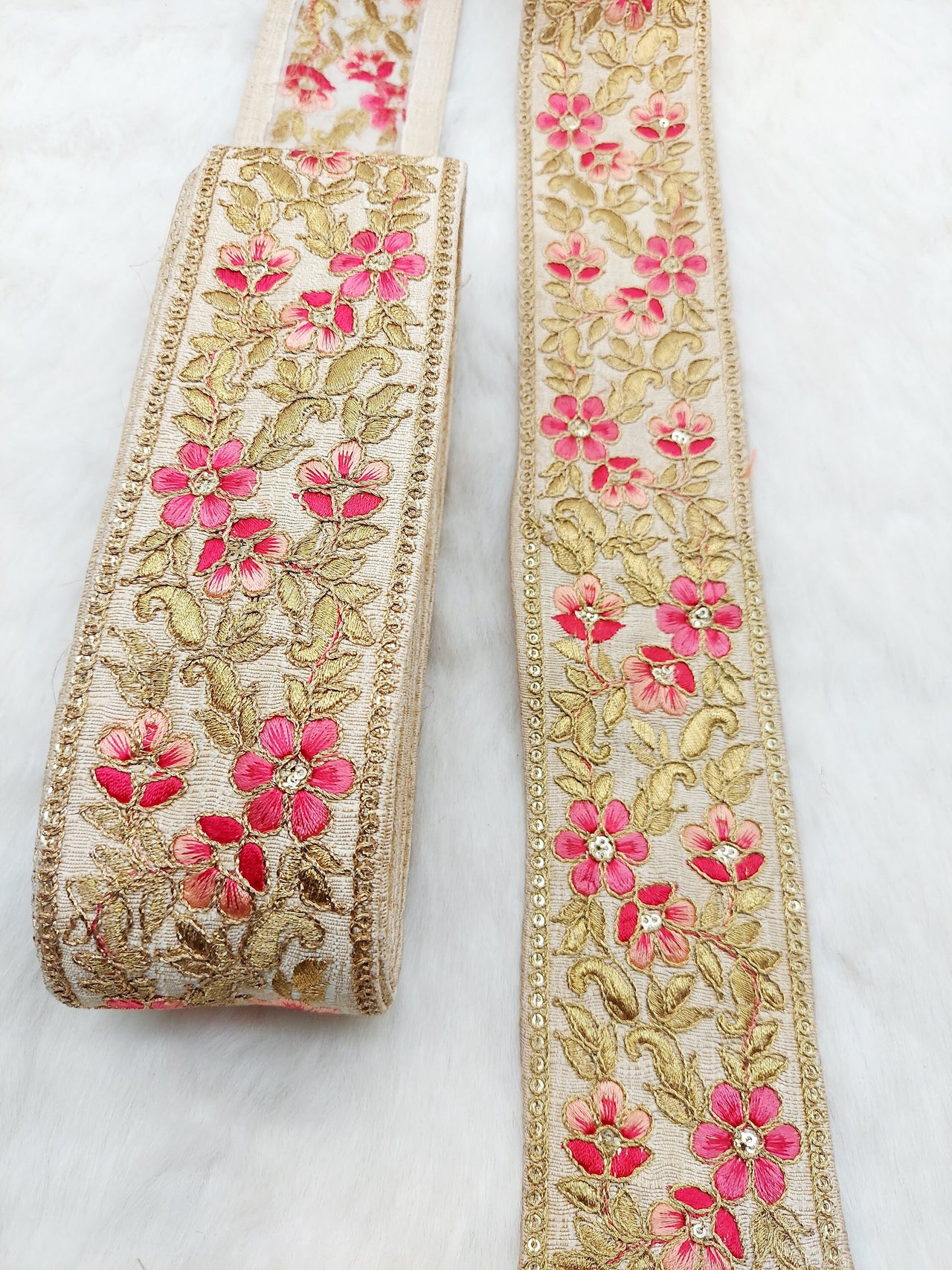 Beige Silk Fabric Trim with Gold and Pink Floral Embroidery, Sari Border Trim, Trim by Yard