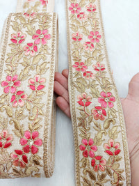 Thumbnail for Beige Silk Fabric Trim with Gold and Pink Floral Embroidery, Sari Border Trim, Trim by Yard