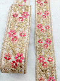 Thumbnail for Beige Silk Fabric Trim with Gold and Pink Floral Embroidery, Sari Border Trim, Trim by Yard