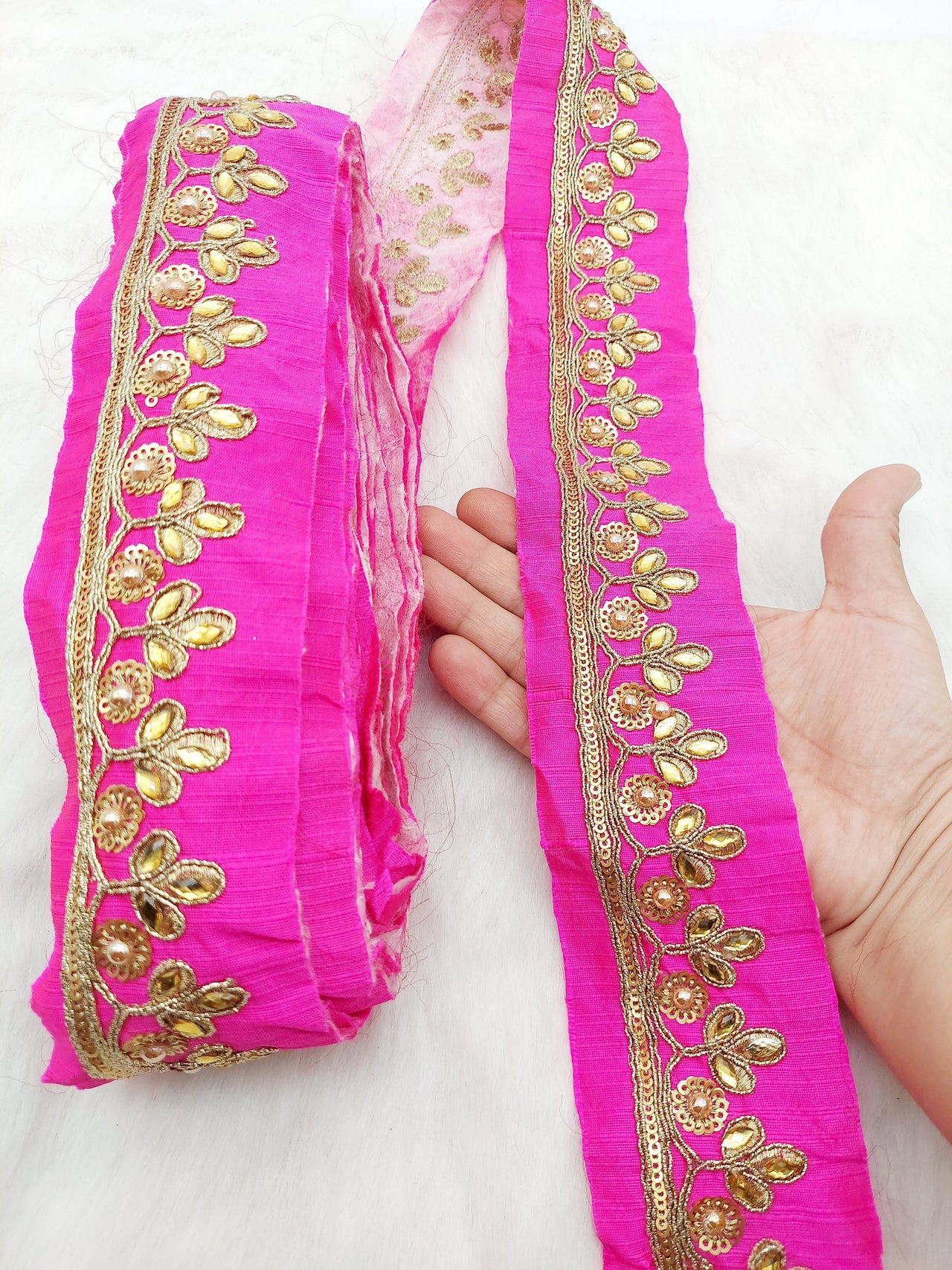 Fuchsia Pink Silk Fabric Lace Trim Floral Embroidery & Indian Stones Kundan Embellishment, Decorative Sari Trim, Floral Border Trim By Yard