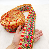 Thumbnail for Peach Fabric Trim With Green, Fuchsia Pink, Red And Orange Embroidery and Gold Sequins