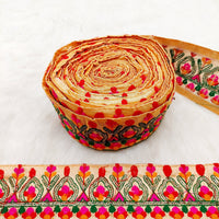 Thumbnail for Peach Fabric Trim With Green, Fuchsia Pink, Red And Orange Embroidery and Gold Sequins