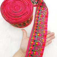 Thumbnail for Deep Pink Fabric Trim With Green, Fuchsia Pink, Red And Orange Embroidery and Gold Sequins