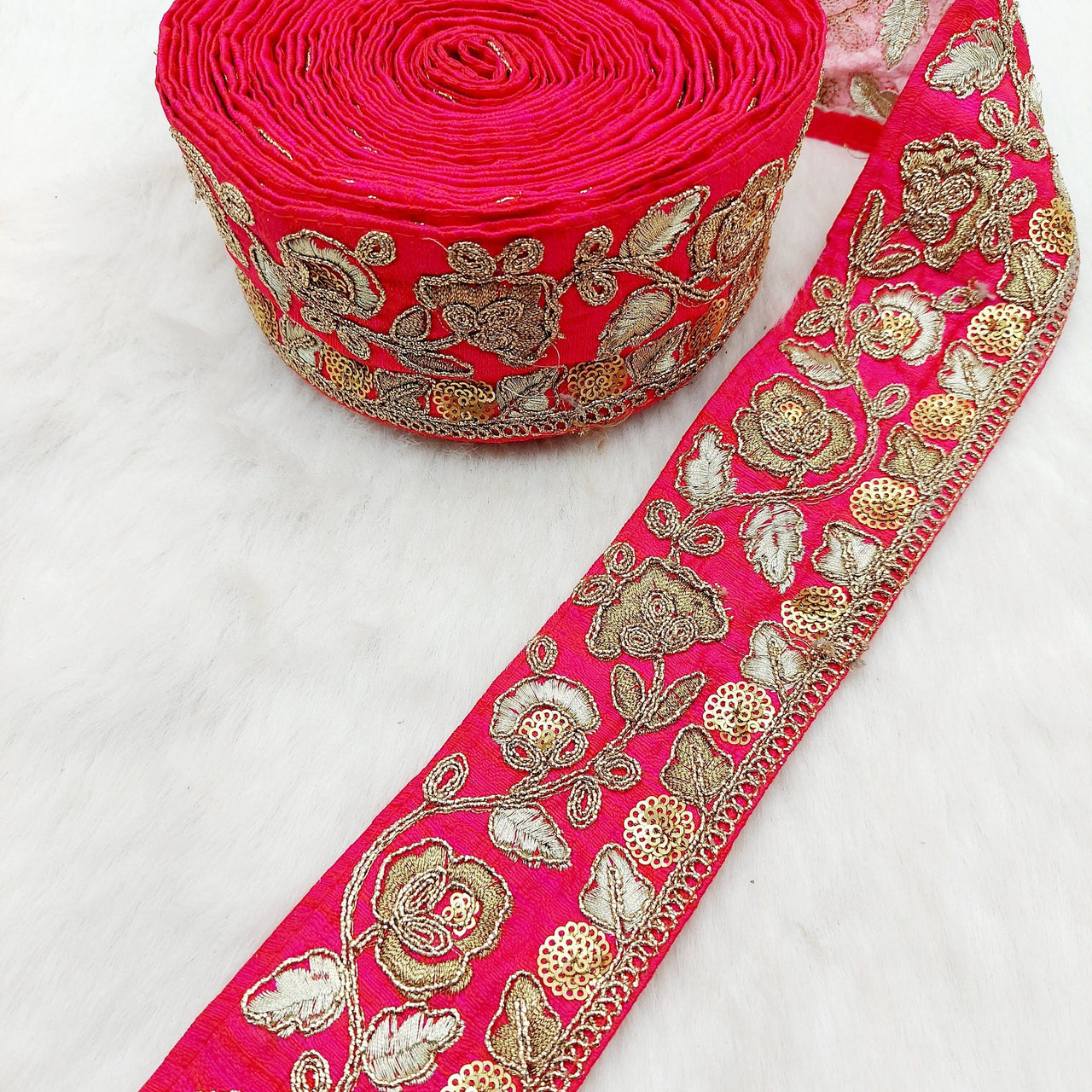 Silk Trim Gold Floral Embroidered Sequins Trim, Decorative Trim, Indian Sari Border