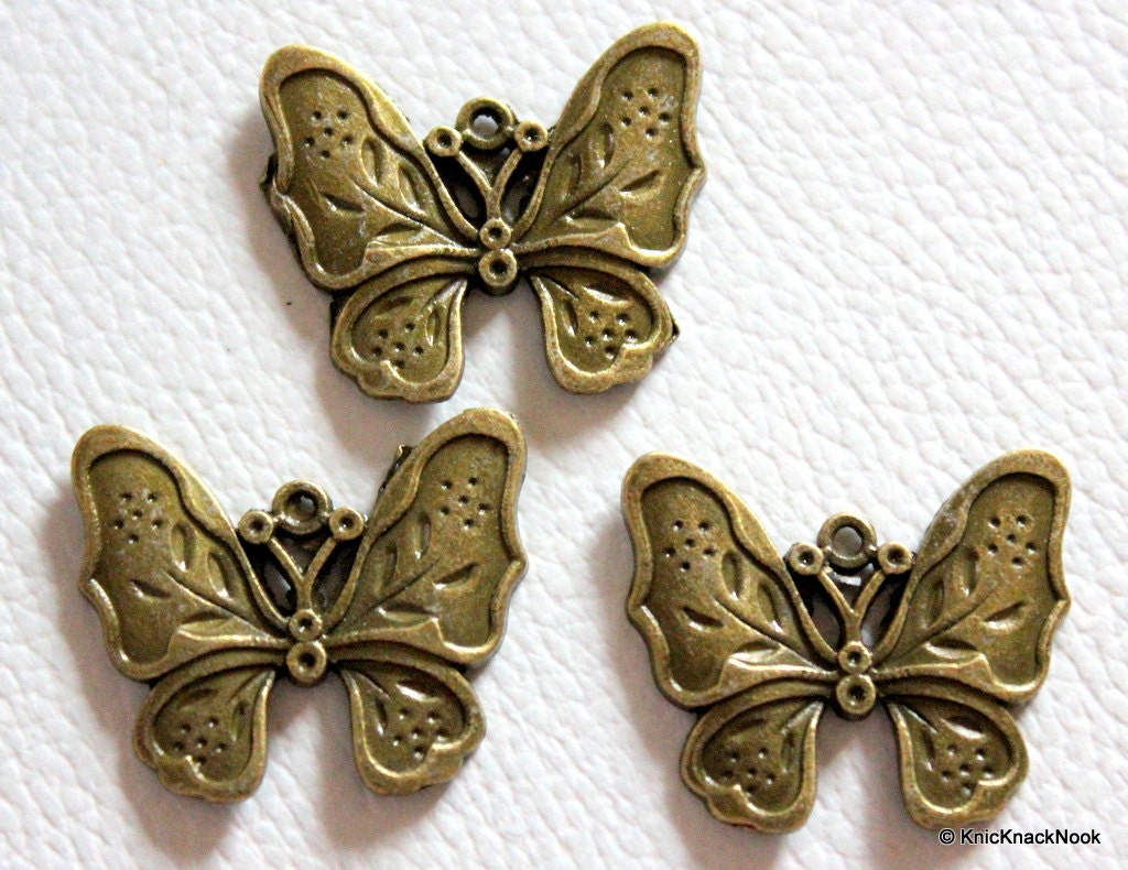 3 x Zinc Alloy Bronze Tone Butterfly Charm Pendants 25mm x 28mm