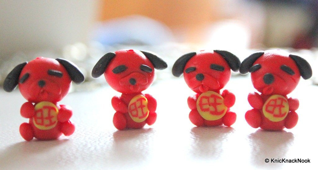 4 x Polymer Fimo Clay Cute Red Dog Beads