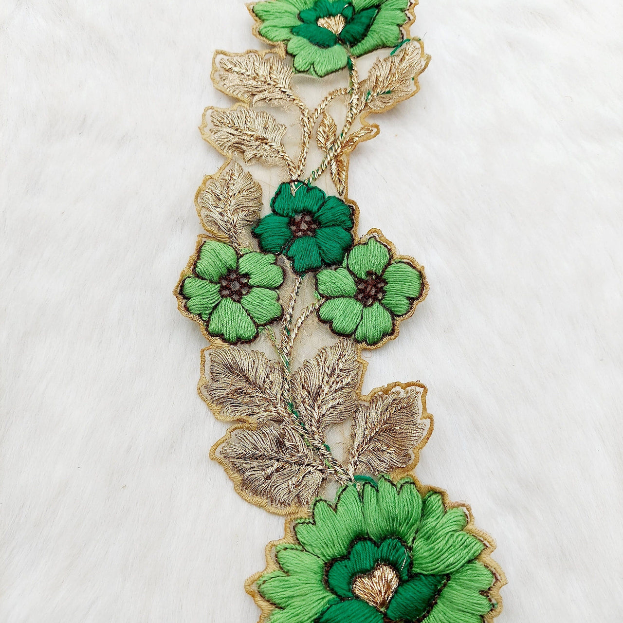 Green and Gold Floral Embroidered Trim, Tissue Fabric Cutwork Lace Flowers Embroidery, Floral Sari Trimming