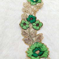 Thumbnail for Green and Gold Floral Embroidered Trim, Tissue Fabric Cutwork Lace Flowers Embroidery, Floral Sari Trimming