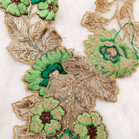 Thumbnail for Green and Gold Floral Embroidered Trim, Tissue Fabric Cutwork Lace Flowers Embroidery, Floral Sari Trimming