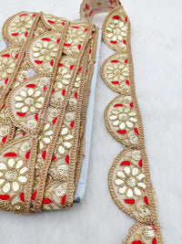 Thumbnail for 9 Yards Silk Fabric Scalloped Lace Trim, Indian Gold Foil Work Embroidery Gota Patti Sari Border Decorative Trim Craft Lace