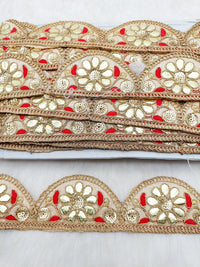 Thumbnail for 9 Yards Silk Fabric Scalloped Lace Trim, Indian Gold Foil Work Embroidery Gota Patti Sari Border Decorative Trim Craft Lace
