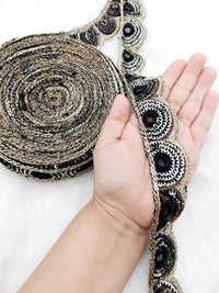Thumbnail for Gold Sequins Embroidery Net Fabric Scallop, Cutwork Lace Trim, Decorative Trim