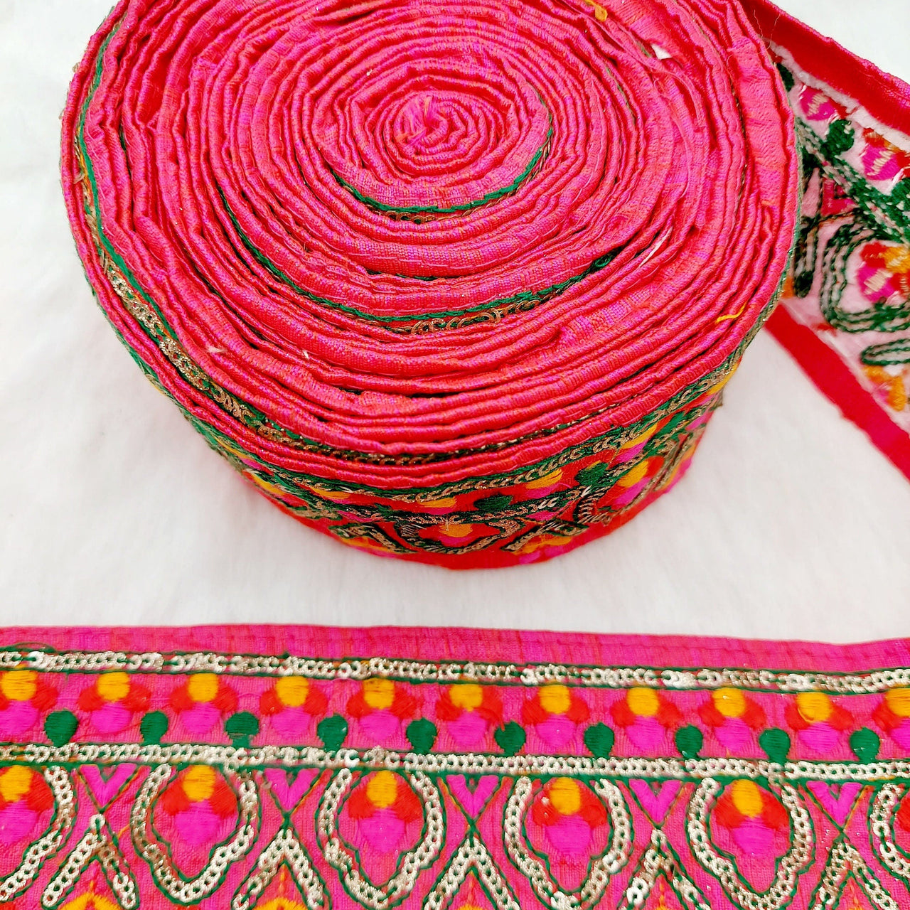 Deep Pink Fabric Trim With Green, Fuchsia Pink, Red And Orange Embroidery and Gold Sequins