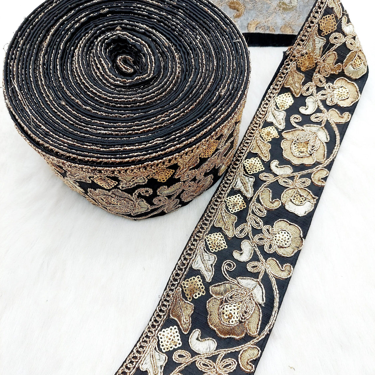Silk Trim Gold Floral Embroidered Sequins Trim, Decorative Trim, Indian Sari Border