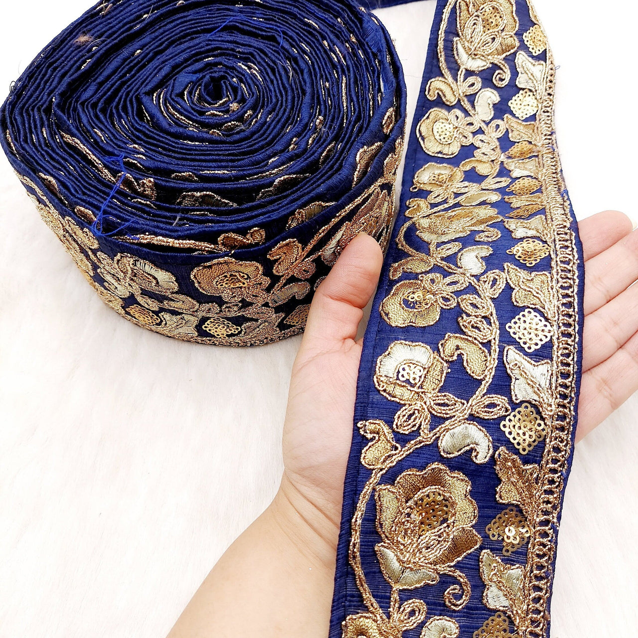 Silk Trim Gold Floral Embroidered Sequins Trim, Decorative Trim, Indian Sari Border