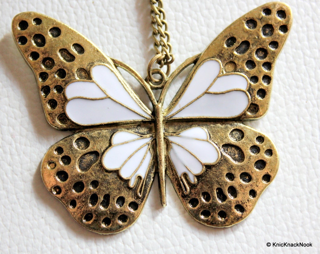1 x Retro Bronze Tone White Butterfly Pendant 6cm x 5cm