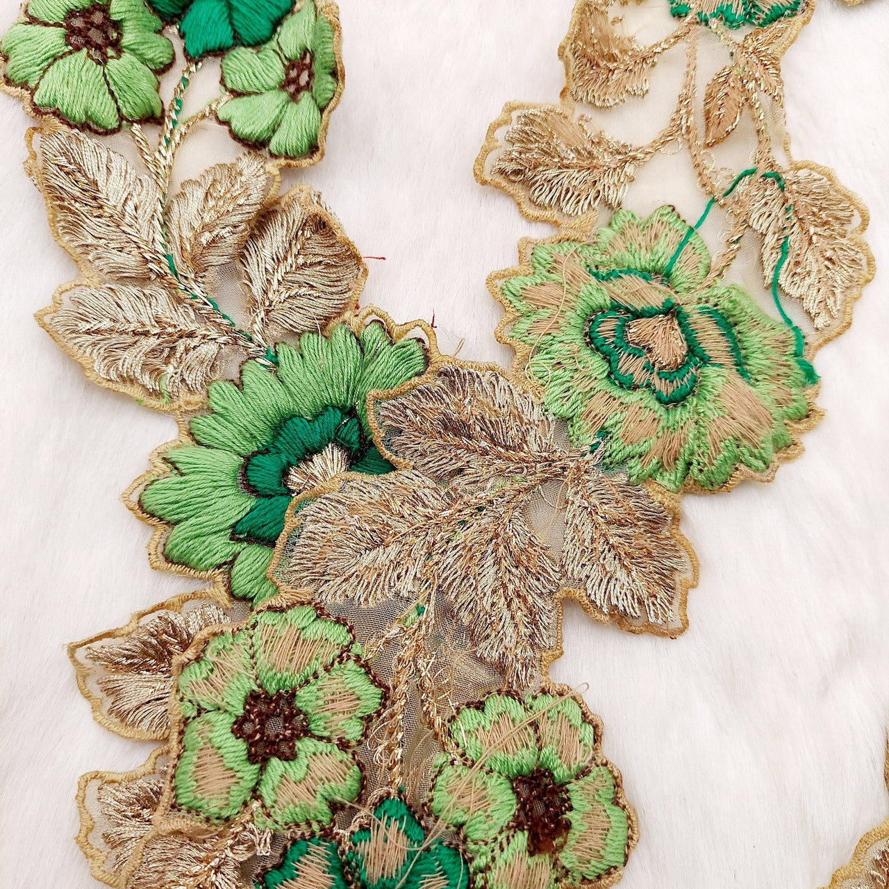 Green and Gold Floral Embroidered Trim, Tissue Fabric Cutwork Lace Flowers Embroidery, Floral Sari Trimming