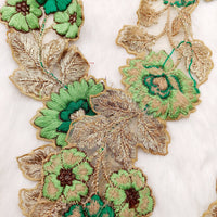 Thumbnail for Green and Gold Floral Embroidered Trim, Tissue Fabric Cutwork Lace Flowers Embroidery, Floral Sari Trimming
