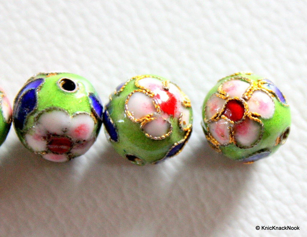 5 x Cloisonné Green, Red, Blue and Pink Round Beads 12mm
