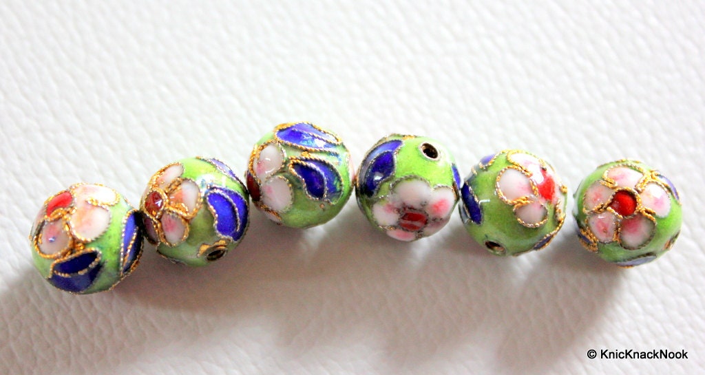 5 x Cloisonné Green, Red, Blue and Pink Round Beads 12mm