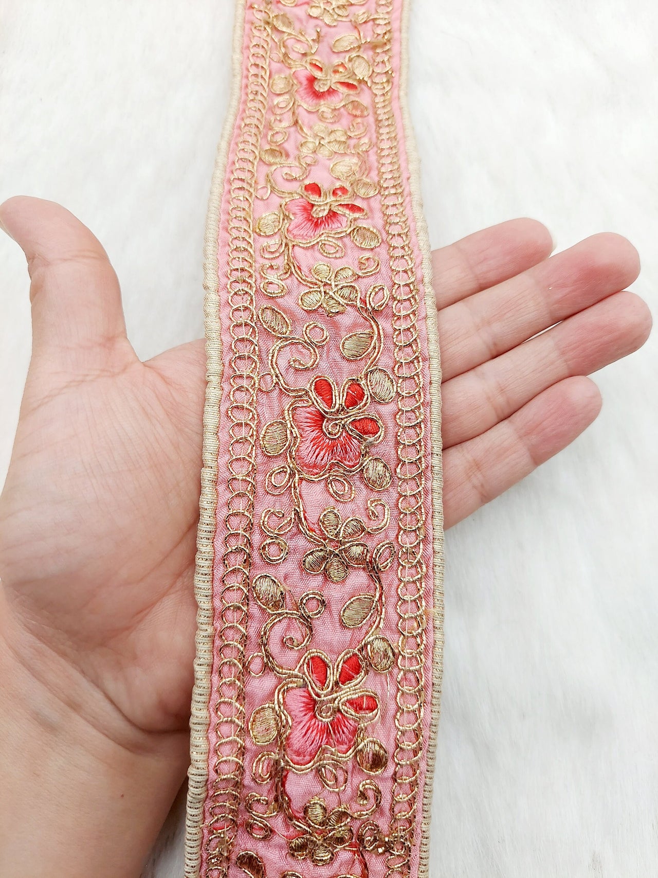 Pink Art Silk Trim In Gold, Red and Pink Floral Embroidery, Embroidered Flowers Border