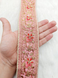 Thumbnail for Pink Art Silk Trim In Gold, Red and Pink Floral Embroidery, Embroidered Flowers Border