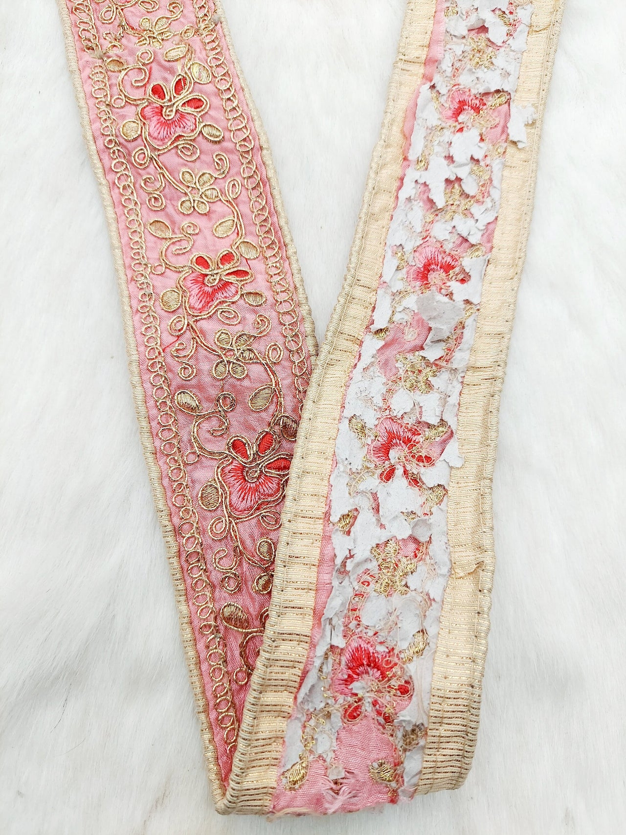 Pink Art Silk Trim In Gold, Red and Pink Floral Embroidery, Embroidered Flowers Border