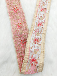 Thumbnail for Pink Art Silk Trim In Gold, Red and Pink Floral Embroidery, Embroidered Flowers Border