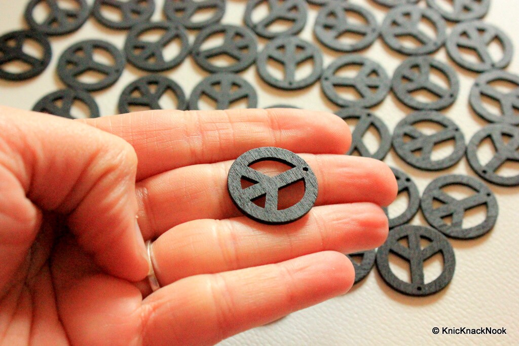 10 x Peace Shaped Black Colour Wood Beads 24mm