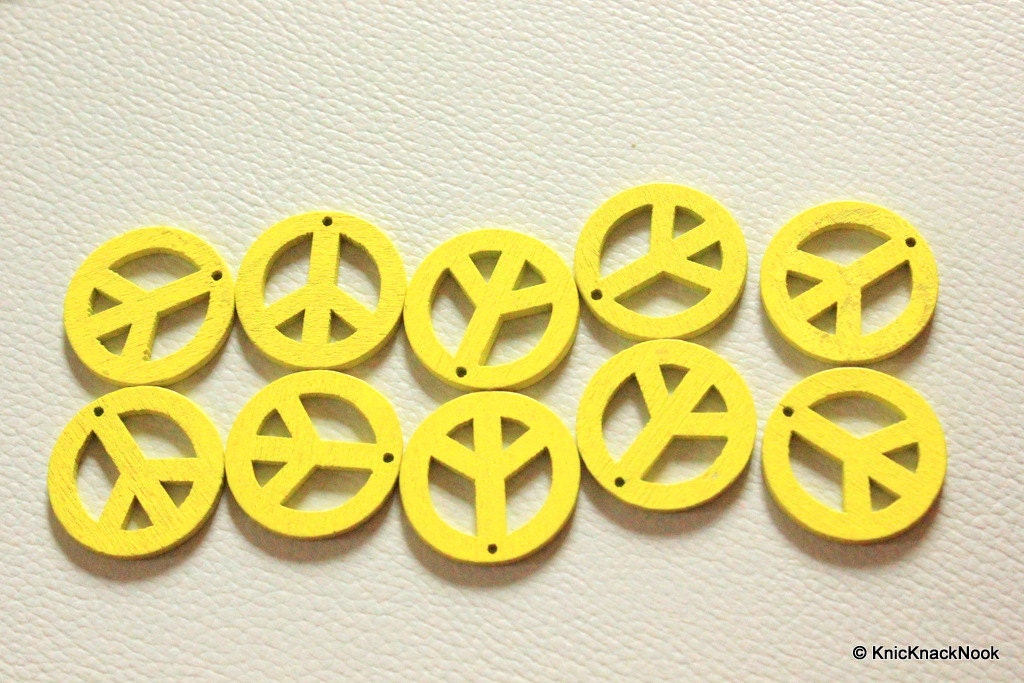 10 x Peace Shaped Yellow Colour Wood Beads 24mm