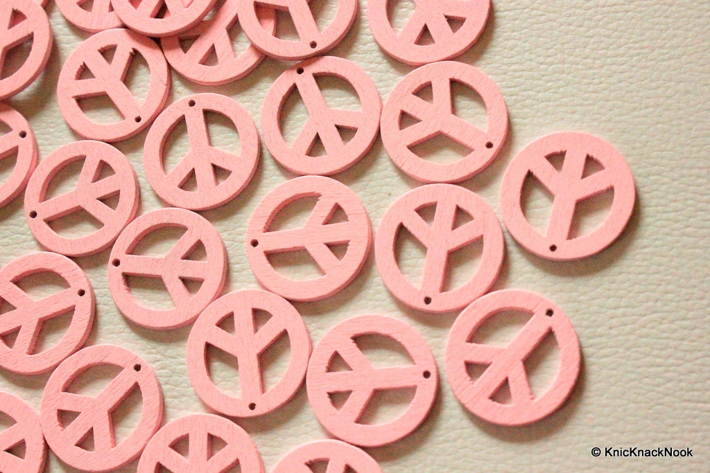 10 x Peace Shaped Pink Colour Wood Beads 24mm