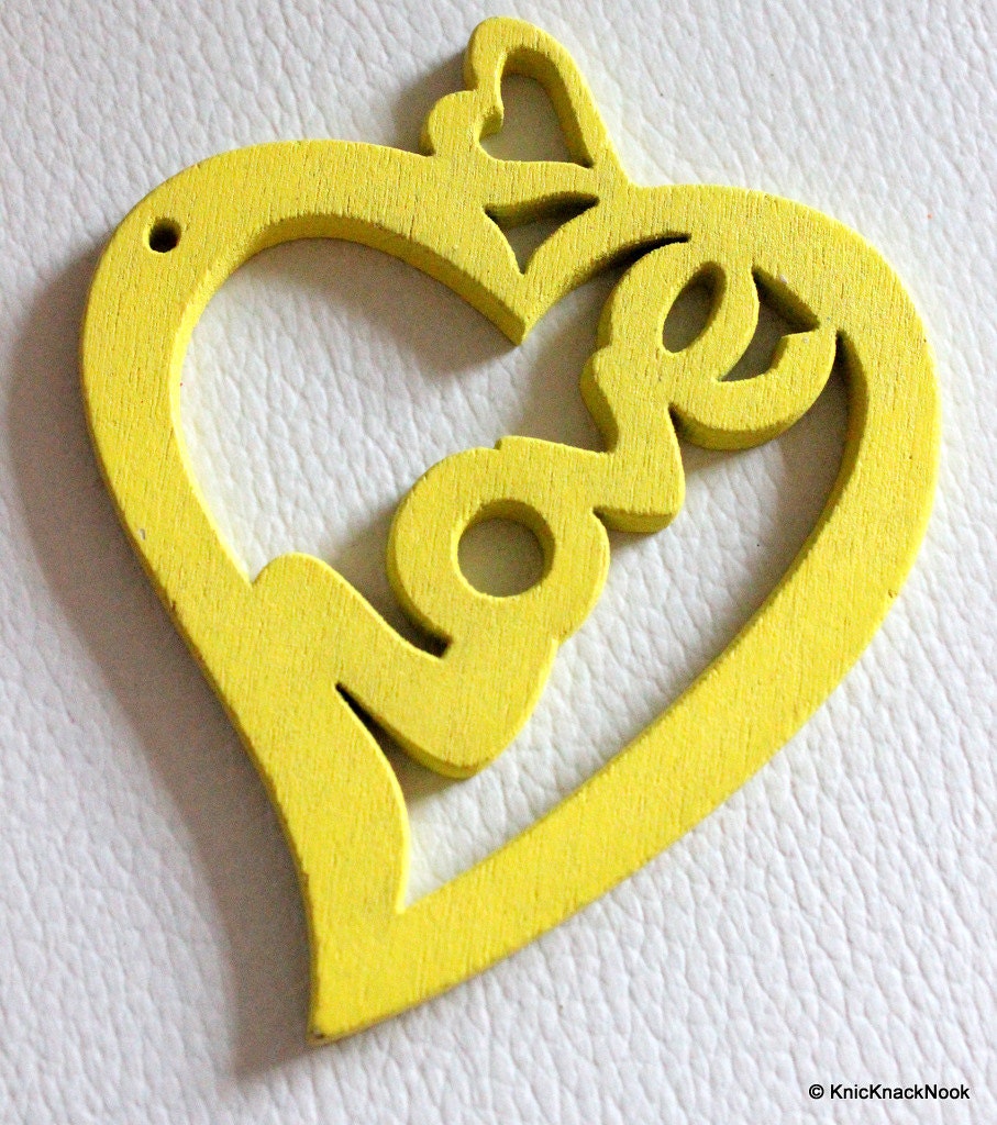 1 x Yellow Love Heart Wood Bead 70mm
