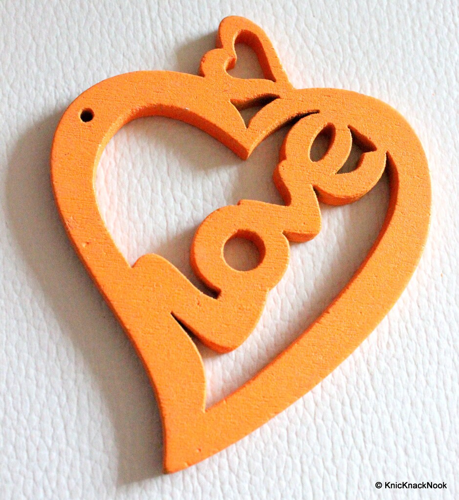 1 x Orange Love Heart Wood Bead 70mm