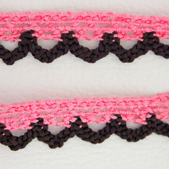 Pink and Brown Embroidery Crochet Cotton Border Trim, One Yard Lace Approx. 12mm Wide, Brown Lace And Pink Lace