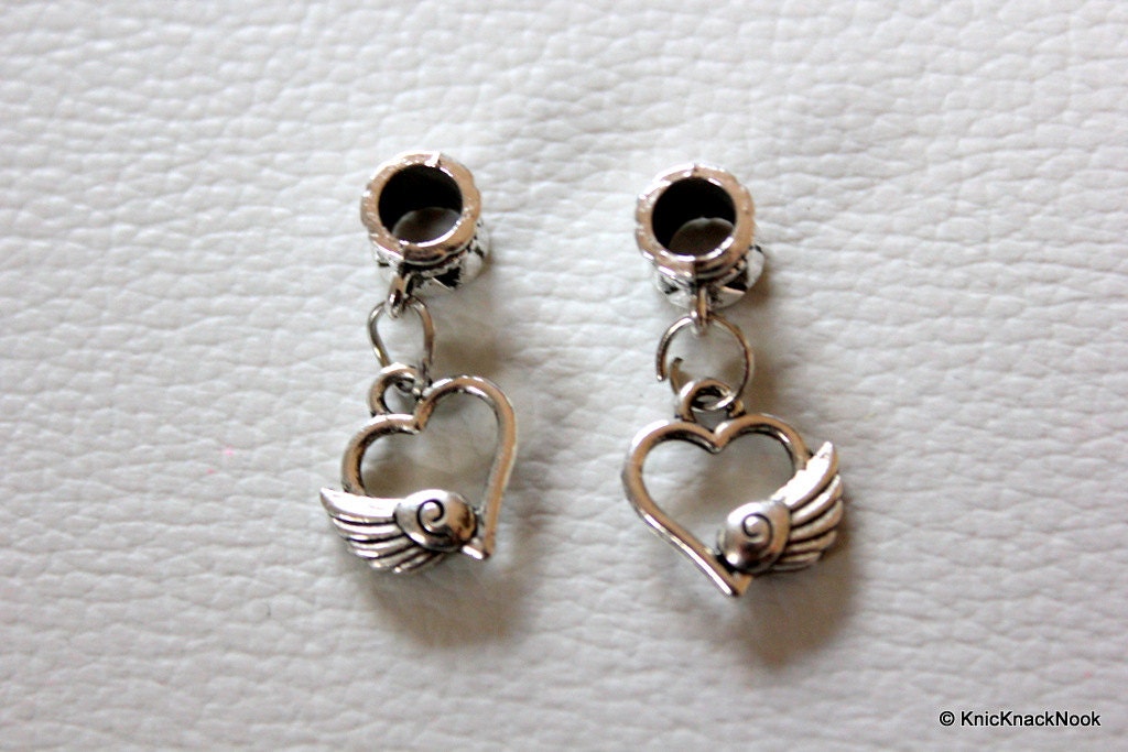 Tibetan silver Heart with wing dangle Bead / Charm x 2