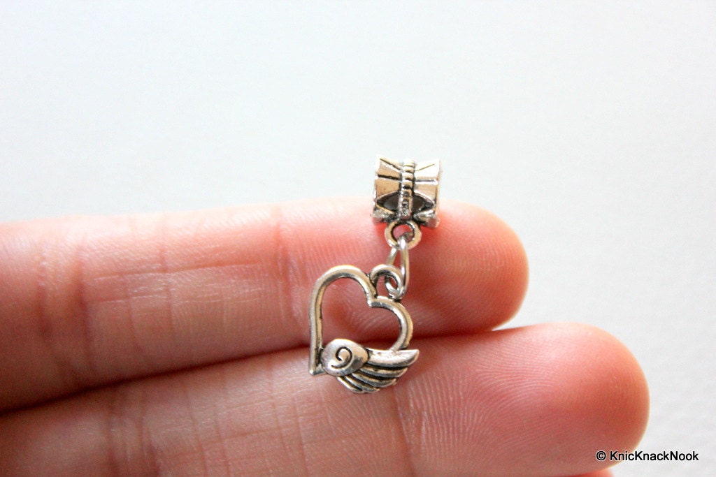 Tibetan silver Heart with wing dangle Bead / Charm x 2
