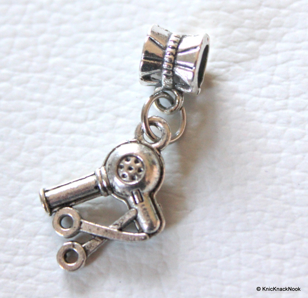 Tibetan Silver Hair Dryer and Scissors Dangle Bead / Charm x 2